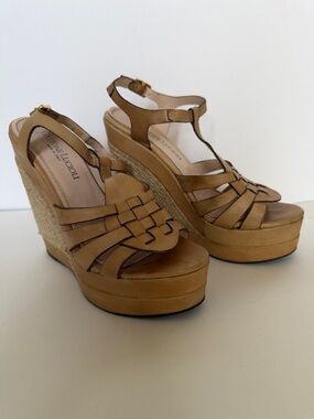 Gastone Lucioli Tan Woven Leather Wedge Sandals